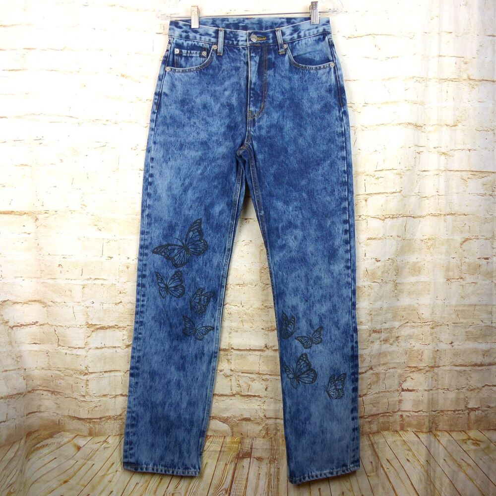 X-Girl Jeans Women M Blue Acid Wash Butterfly Print Straight Leg Kim Gordon Rock